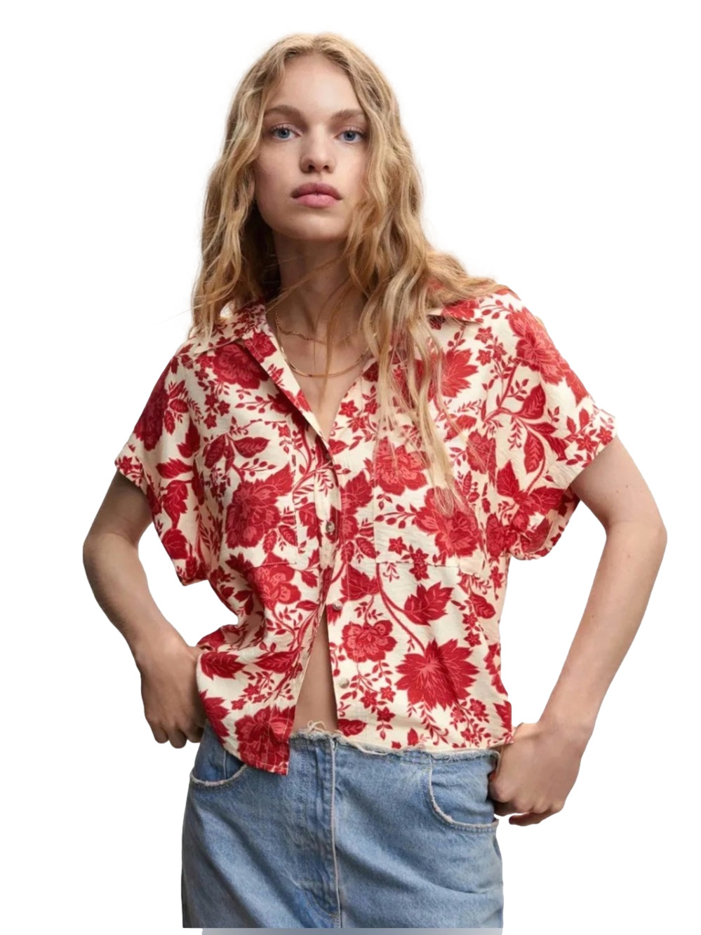 MNG red and cream floral shirt